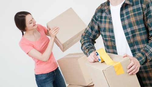 A woman with dark hair wearing a pink short-sleeved top and blue jeans is holding a cardboard box, looking at a man in a plaid shirt who is sealing another box with yellow tape. They are positioned against a plain light background, indicating an indoor setting related to house removals or packing. In front of the man, there are additional cardboard boxes of various sizes, some stacked and others being prepared for moving. The scene captures the process of packing belongings, with visible textures of cardboard, paper tape, and casual clothing, reflecting typical household packing activities during a move, possibly in the London area. The image conveys a professional yet straightforward atmosphere consistent with property relocation services offered by Watson Removals London.