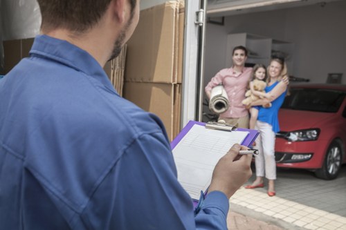 A professional house removals worker from Watson Removals London, wearing a blue uniform, stands in front of a residential driveway or garage in Gipsy Hill, holding a clipboard and taking notes. In the background, a family of three, including a man, woman, and a young girl, stand together near a red car that is parked close to the entrance of the house. The woman holds the child while the man stands beside her, all appearing to be observing the worker. Several cardboard boxes are stacked nearby, suggesting preparations for a move. The environment appears to be daytime with natural light illuminating the scene, and the house's exterior features a driveway with a tiled surface, hinting at a typical suburban setting in Gipsy Hill. The image captures the initial stages of a professional move, with the removals service coordinating with the family in front of their home, consistent with Watson Removals London's offerings for local house relocations.