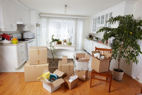 A spacious kitchen with white cabinetry and a white countertop, illuminated by natural light coming through large glass sliding doors with vertical blinds. The room contains various household items, including several cardboard boxes of different sizes, some open revealing packing materials, plastic bags, and miscellaneous household items such as rolled-up packaging tape, a plastic container, and a small box of items. There is a wooden chair with a dark finish positioned to the right of the boxes, and a large leafy houseplant in a white pot placed near the right wall. The kitchen floor is light-colored wood, and the environment suggests a house removal in progress, with belongings being packed or prepared for transportation, in an environment similar to what Watson Removals London would service in Aldwych, London.