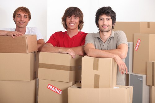 The image shows three young men standing behind a stack of cardboard moving boxes in a residential interior, likely part of a house removal or relocation process. The men are smiling and appear to be in good spirits. The boxes vary in size, are sealed with brown packing tape, and some have red and white 'FRAGILE' labels attached. The first man on the left, wearing a white shirt, rests his arms on a large box, while the middle man, dressed in a red t-shirt, has both arms on a smaller box in front of him. The third man on the right, wearing a grey polo shirt, also leans on a box with both arms. The background is plain white, with additional boxes stacked behind and around them, suggesting they are in a designated packing area or hallway within a house in Streatham. The setting appears well-lit, natural light illuminating the scene, indicating daytime. This image evokes the process of preparing for a move, common to house removals in London and surrounding areas, with the presence of typical household items and packing materials associated with professional movers like Watson Removals London.