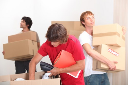 Three men are in a residential interior, involved in a house removal process. The man in the foreground, wearing a red shirt, is bending over an open cardboard box while holding a smartphone in one hand and a red folder under his arm. To his right, a young man with light brown hair, dressed in a white t-shirt, is carrying a medium-sized cardboard box labeled 'Fragile' and is looking slightly upwards. In the background, another man with dark, curly hair, dressed in a grey t-shirt, is walking away while holding a large cardboard box. The scene appears to be set inside a house, with plain white walls and neutral lighting, suggesting a typical property in Sidcup being prepared for moving. The boxes are of various sizes, some stacked, with items like folders and packing materials visible, indicating an active packing and moving operation by Watson Removals London. The environment reflects an organized move, characteristic of professional house removal services in the UK.