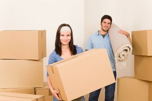 A young woman with shoulder-length dark hair, wearing a light grey headband and a blue top, is standing in a room filled with unpacked cardboard boxes, some stacked on the floor and others arranged along the wall. She is holding a medium-sized cardboard box with both hands, positioned in front of her. Beside her, a young man with short dark hair, wearing a light blue shirt and dark trousers, is smiling and carrying a rolled-up beige carpet with a textured surface over his shoulder, with his right hand gripping the end of the carpet. The background shows a plain white wall, typical of a residential interior, indicating an ongoing house move. The scene appears well-lit, suggesting natural or soft indoor lighting, and the atmosphere is positive yet practical, consistent with a household packing or unpacking process that Watson Removals London would facilitate in Stroud Green.