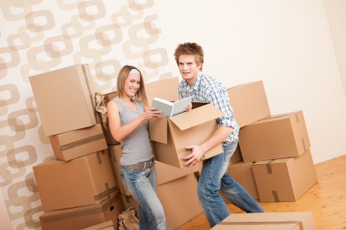 A young couple with light skin and casual clothing are in a room with a light-colored wall featuring a subtle geometric pattern. They are surrounded by numerous large cardboard moving boxes of various sizes, some stacked against the wall and others on the wooden floor, indicating an active packing or unpacking process. The woman, wearing a sleeveless top and jeans, is smiling as she holds an open cardboard box while the man, dressed in a checkered shirt and jeans, is in the act of lifting or moving a sizable box towards her. The scene suggests a residential interior, possibly during a house move, with natural lighting illuminating the space evenly. The environment appears organized, with the focus on household belongings such as boxes and the coupleâ€™s interaction, reflective of professional house removals or relocation activities in Hounslow, carried out by Watson Removals London.
