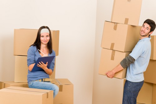A young woman with long dark hair, wearing a light blue cardigan and jeans, is seated on a cardboard box in a minimally decorated room with plain off-white walls. She holds a clipboard in her lap and looks towards the camera with a slight smile. Behind her, there are multiple large cardboard moving boxes, some stacked, and a few additional boxes placed on the floor. To the right, a young man with dark hair, dressed in a light grey shirt layered over a darker long-sleeve top and dark trousers, is standing and holding two large cardboard boxes, one in each arm, with a friendly expression. The scene depicts an indoor residential setting, likely a hallway or living room, with natural or neutral lighting highlighting the cardboard boxes, furniture, and the overall environment typical of a house move. The image showcases the physical aspects of house removals, with clear visibility of the packing process and household items, consistent with services offered by Watson Removals London in the local London area, potentially near the postcode inferred from the 'Complaints Procedure' page.